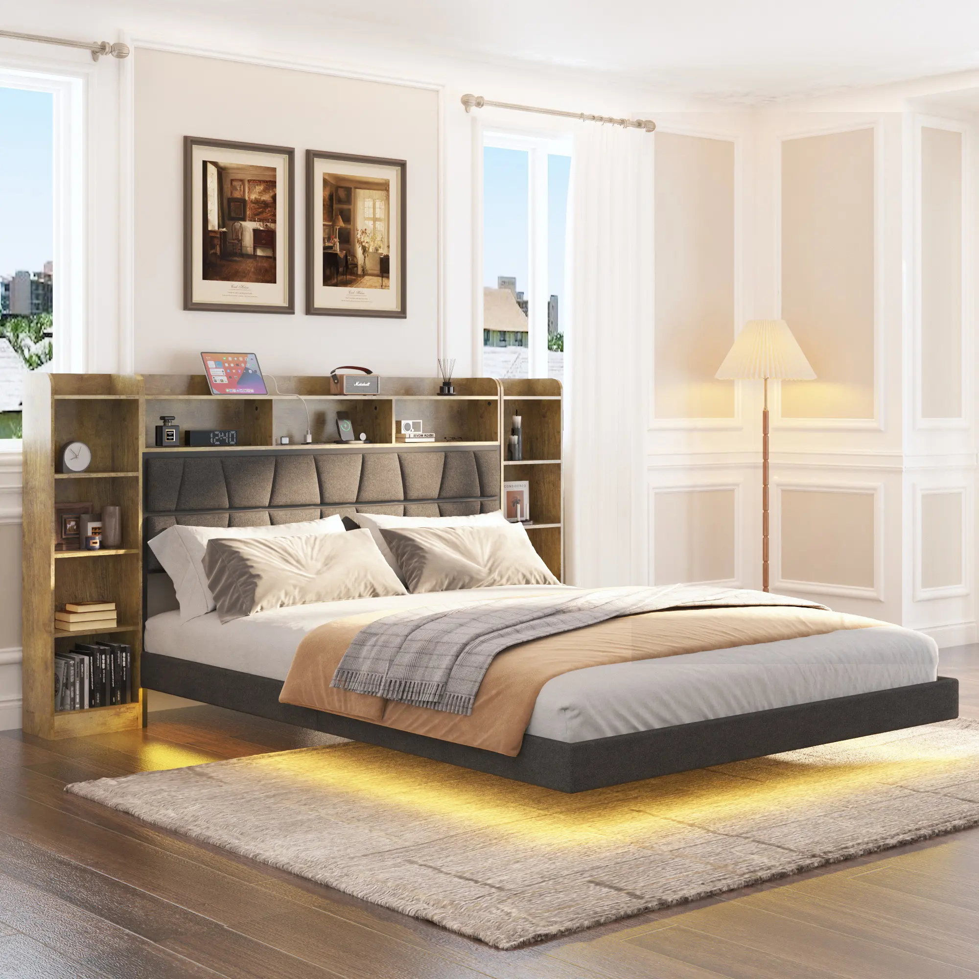 HOLDOLIFE Queen Size Smart Bed Frame with LED Headboard, Charging Station & USB Port & Shelves, Noise Free, Easy Assembly, Black