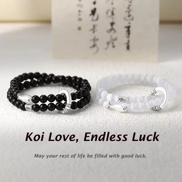 Natural Smooth Touch Agate Bead Couple Bracelets Interlocking Fish Matching His and Her Jewelry Set for Anniversary Valentine Gift womens gifts