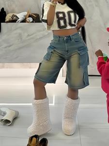 women's colorblock wide leg shorts, casual fashion denim-effect print shorts for daily wear, ladies bottoms for summer, summer shorts