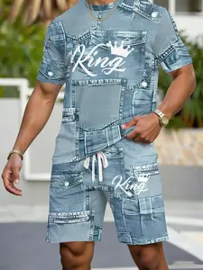 Men's Denim-Style Printed Short Sleeve Set, Summer Casual Sporty Two-Piece, Trendy Fashion Men's Clothing