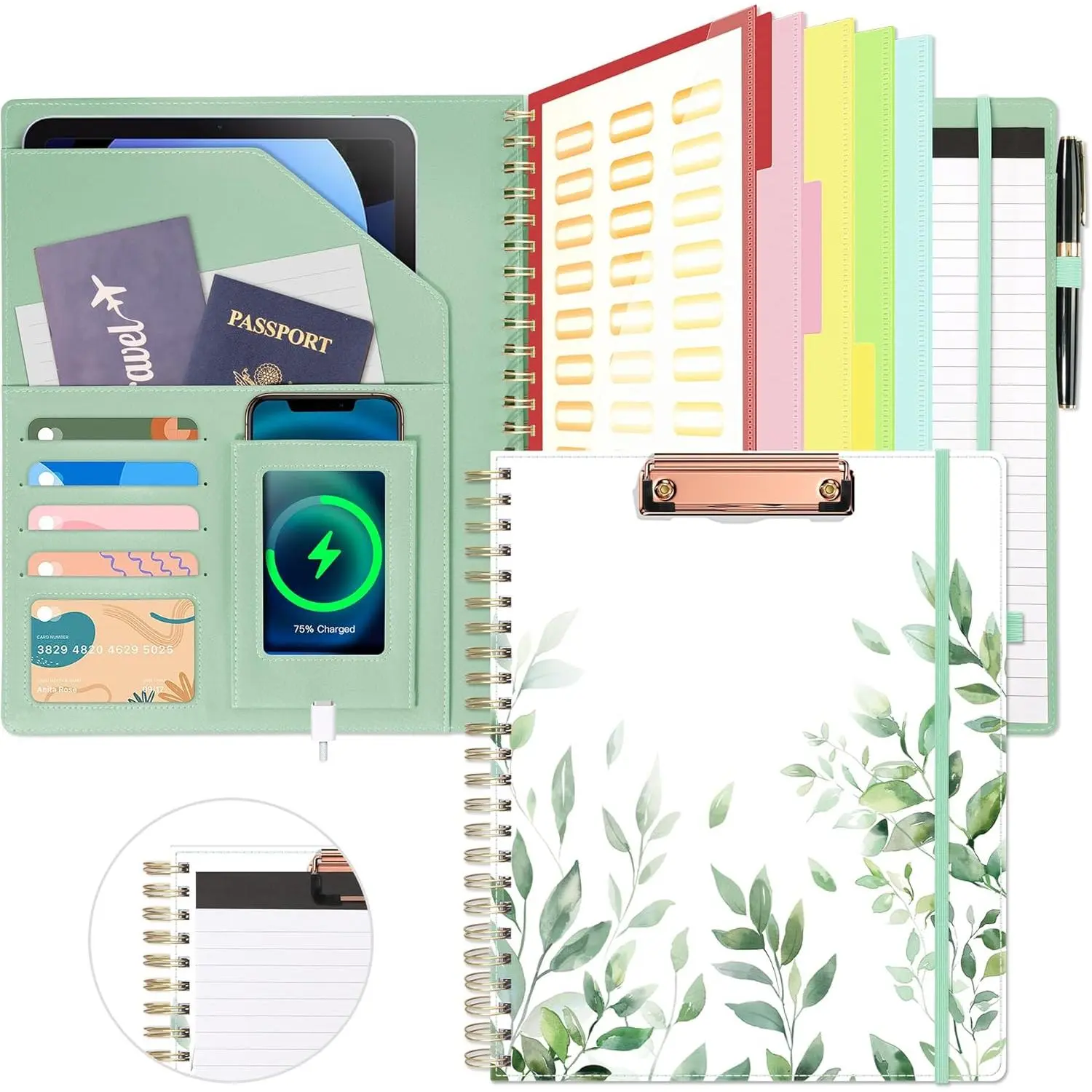 Multifunctional Leather Office Clipboard Organizer with Storage - 5 Folders, 10 Pockets, Spiral Clip, Letter Size Notepad, Elastic Closure, Pen Loop, Anti-Tearing Divider, Foldable Transparent Design, Green - Ideal for Christmas, Thanksgiving, Teacher, Sy