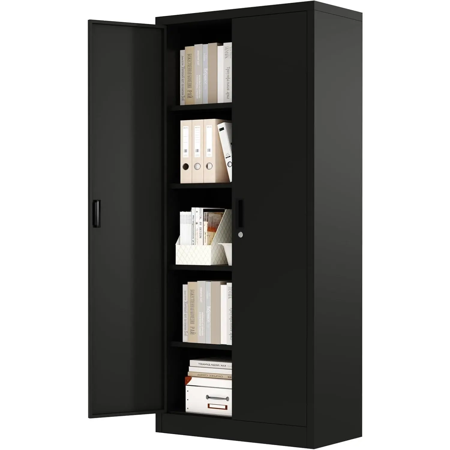 Tall Metal Storage Cabinet with Lockable Magnetic Doors,2-Door Steel Locker Organizer with 5 Adjustable Shelves, Anti-Tip Design