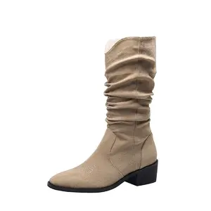 Women's Platform Boots with Internal Height Increase Summer Trendy Brown Retro Suede Chunky Heel High Boots