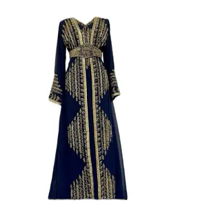 Lovely Gold Beads Chiffon Kaftan - Navy Blue with Gold Embellishments and Long Sleeves
