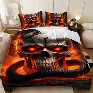 Bedding 3-piece set - 3PCS,Red-eyed Skull Snake Flame Design Down Comforter Set (1 comforter cover + 2 pillowcases, filling not included) - soft and comfortable, suitable for family bedrooms.