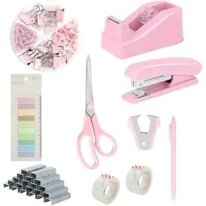 10Pack Office  Set Stapler Set Stationery Supplies Include Paper Stapler,Pen,Tape Dispenser,Staple Remover,, Staples,Clips, Transparent Tape,Notes()