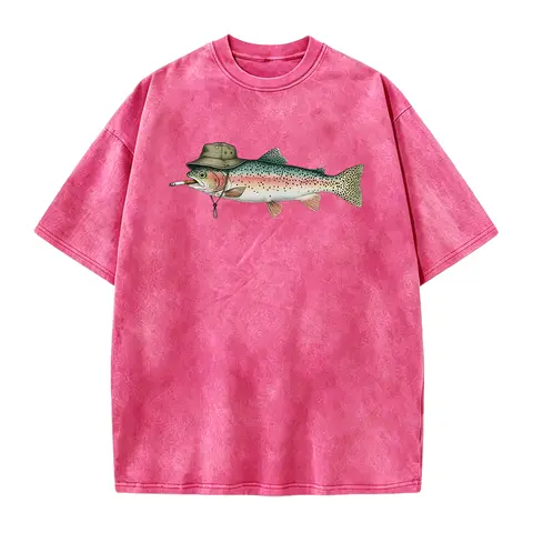 Women's Fitted All-Seasons Cotton Round Neck Funny Graphic Tee - Rainbow Trout Bucket Hat Fishing Design, Smoking Fish Meme Gift, Vintage Angler Top for Fathers Day