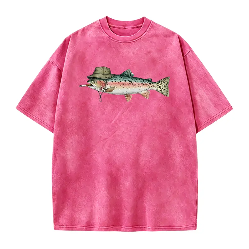 Women's Fitted All-Seasons Cotton Round Neck Funny Graphic Tee - Rainbow Trout Bucket Hat Fishing Design, Smoking Fish Meme Gift, Vintage Angler Top for Fathers Day