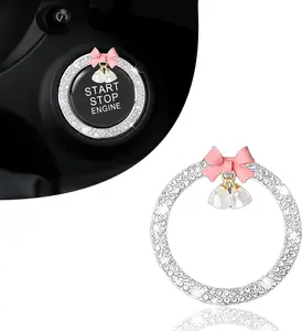 Cute Bow Bling  Engine Stop Decoration Ring, 1 count  Rhinestone  Button Start Button Cover, Shiny Key  and Knob Ring, Bling  Accessories for Women (White)