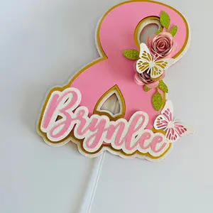 3D Custom Age and Name Cake Topper, Butterfly and Flower Cake Topper