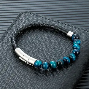 Reiki Blue Apatite Bead Bracelet Men Women Braided Leather Natural Stone Blood Circulation Stimulate Enthusiasm Jewelry