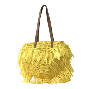 Fashion Culture Large Yellow Raffia Straw Tote Bag, Bohemian Fringe Trim Shoulder Bag, Summer Vacation Travel Beach Bag, Woven Paper Straw Handbag