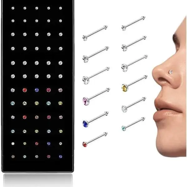Women's 20g Surgical Stainless Steel Bone Nose Studs - Hypoallergenic Unisex Nose Piercings Jewelry, 60 Pieces Rose Gold/Bone Silver/Black Tiny Fake Piercing Body Accessories for Daily Elegance