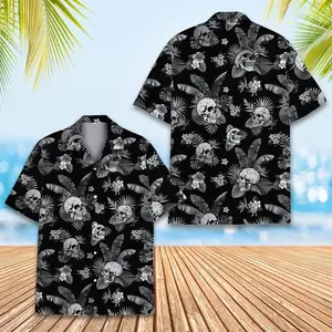 Skull Hawaiian Shirt Men Women Black Tropical Floral Print Summer Beach Button Up Casual Streetwear Loose Fit Cool Vacation Festival Party Gothic Gift Comfortable Palm Leaf Gray