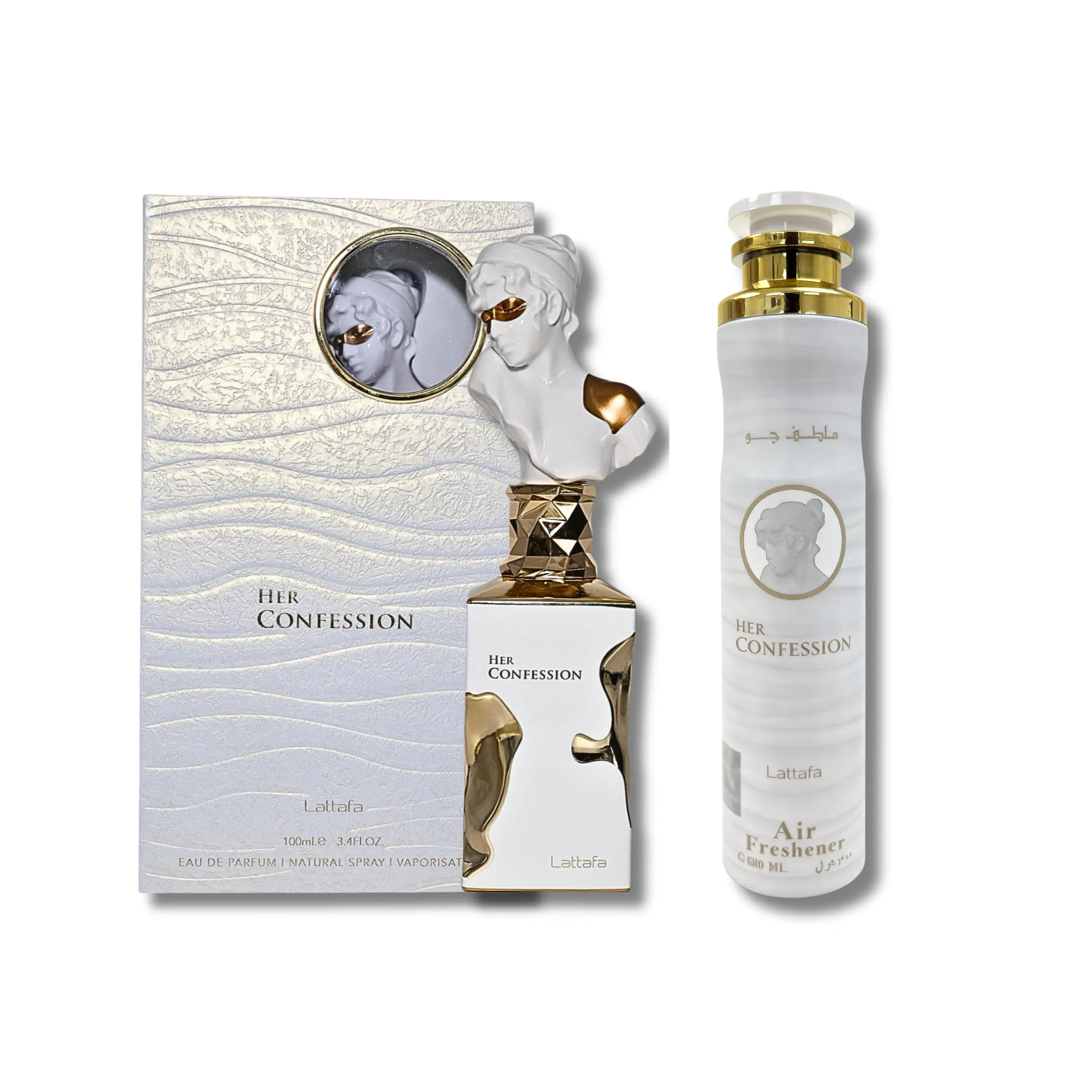Lattafa Women's Her Confession EDP Combo - 3.4 fl oz Captivating Fragrance EDP Scents, 10.14 fl oz Air Freshener for Daily Use & Gifting, Edp Liquid Perfumes, Spicy, Combo Set, Signature Scent, Jasmine, Musk, 10.14Oz
