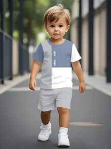New York Color-blocked Spliced Casual Digital Printed Baby Short-Sleeve Set Outfit, Casual Kids' Clothing for Babies, T-shirt Suitable for Daily Wear and Outdoor Sports, 100% Polyester, Perfect Gift for Infants and Toddlers!