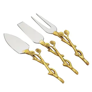 Jiallo  Gilt Gold Finish Leaf & Hammered Steel Cheese Set - 3 Piece