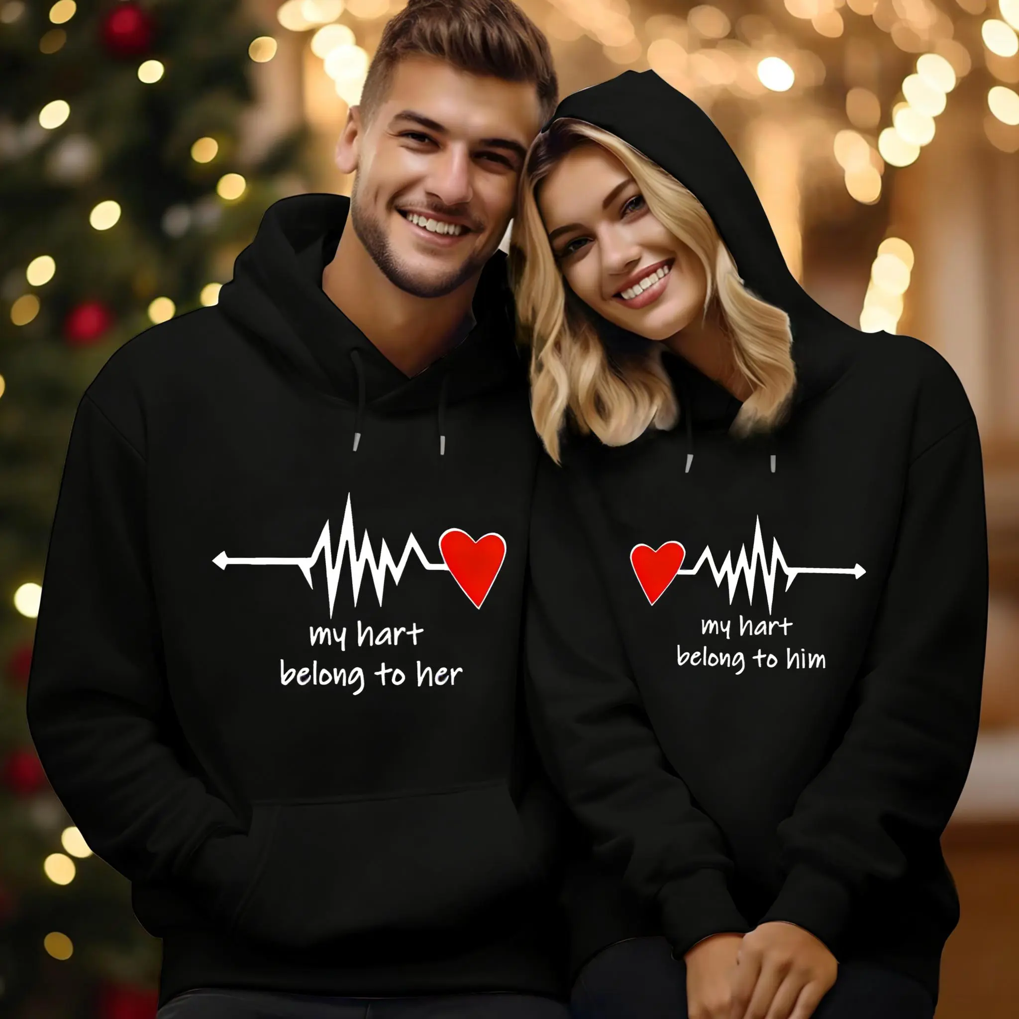 Women's Matching Valentine's Day Geometric "My Heart Belongs to Him and Her" Print Hoodies - Comfortable Casual Cozy Long-Sleeve Tops, Versatile Clothes for Autumn Winter, Fitted