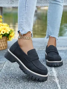 Women's Vintage Thick Sole Slip On Loafers, British Style Platform Shoes, Versatile College Style PU Leather Flats, Casual All Season Footwear