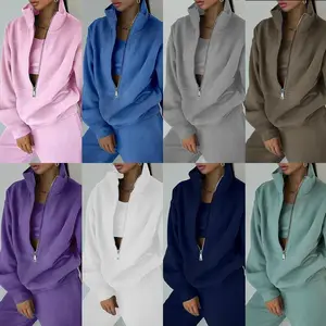Spring and Autumn solid color half-zip fleece casual fashion sweatshirt two-piece set