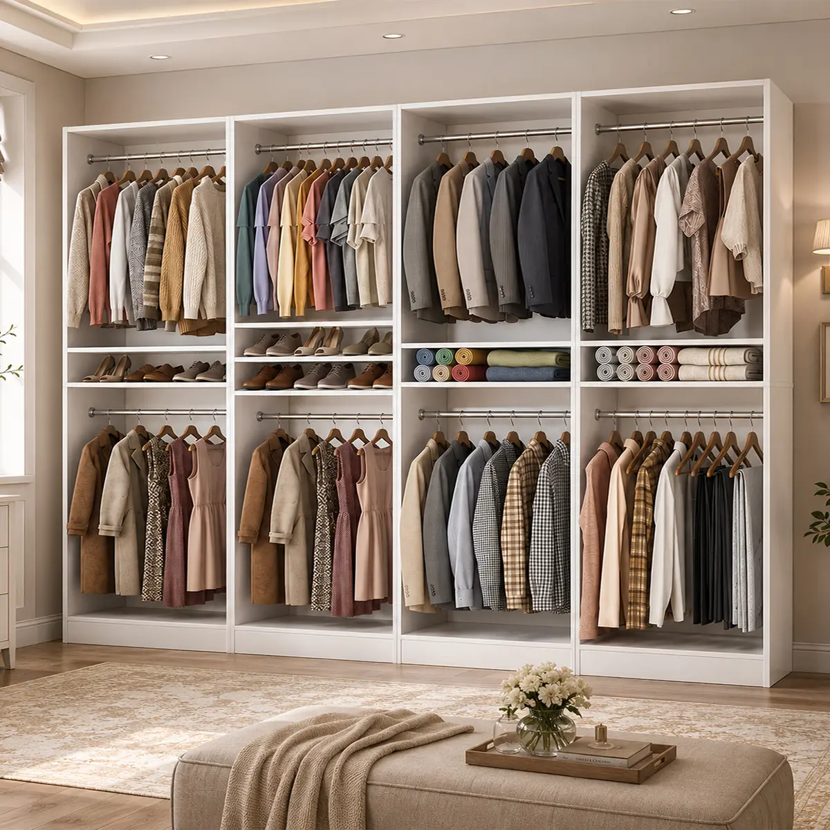 Cyclysio Adjustable Modular Closet Organizer System, 24"-96" W Freestanding Wood Walk-in Wardrobe Set with Drawers, Hanging Rods, Display Shelves, 1-4 Piece Custom Set for Closet Organization, Small Room Organization Products, Studio Apartment