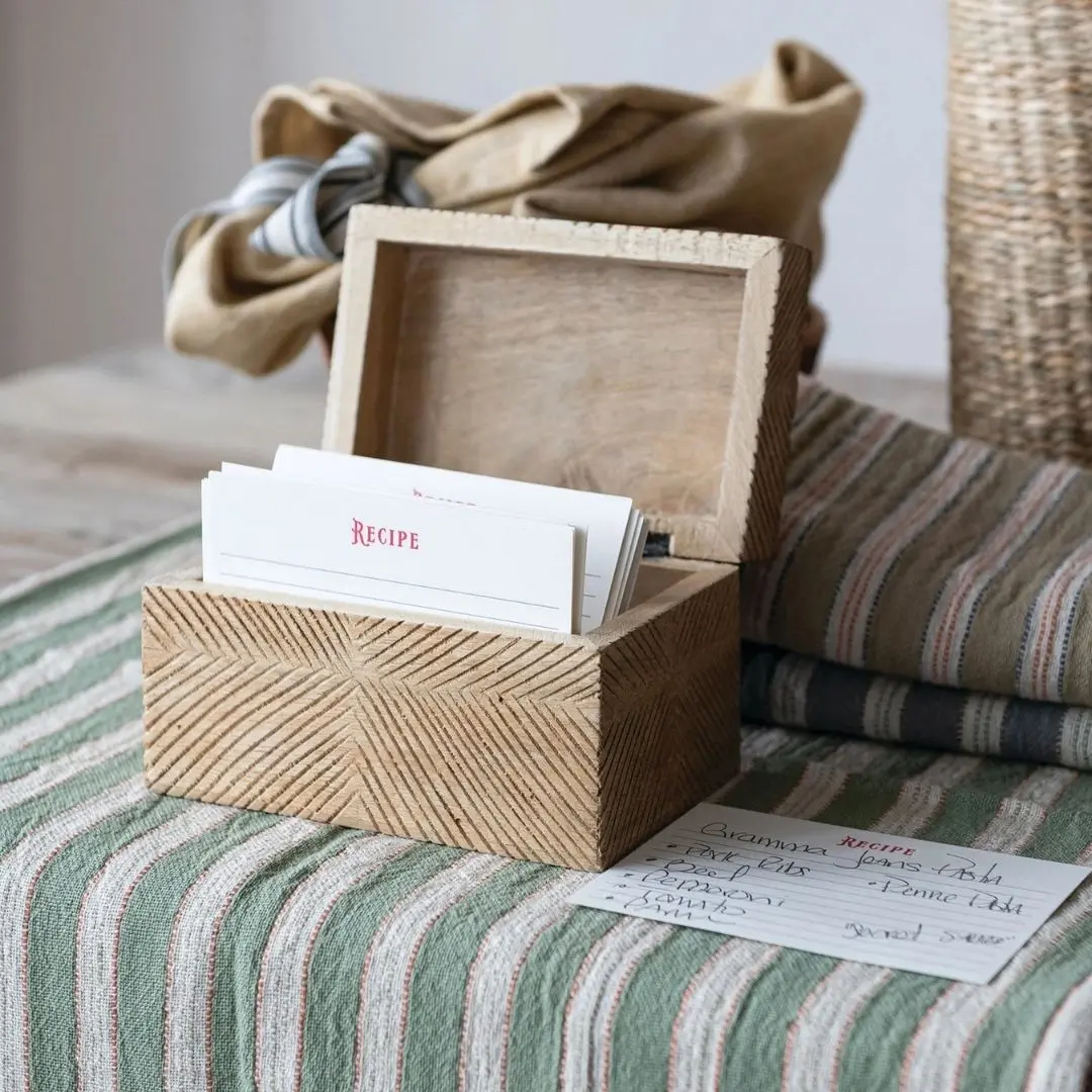 Hand-Carved Mango Wood Recipe Box with 25 Recipe Cards, Natural