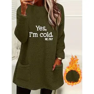 [Cold Weather Sweater] Cozy Women's Dual-Sided Fleece Pullover Sweatshirt | "Yes I'm Cold" Letter Print, Round Neck Long Sleeve with Pockets, Machine Washable Winter Warmth for Fall & Winter Bride Crewneck Oversized Hooded Sweatshirt fuzzy casual