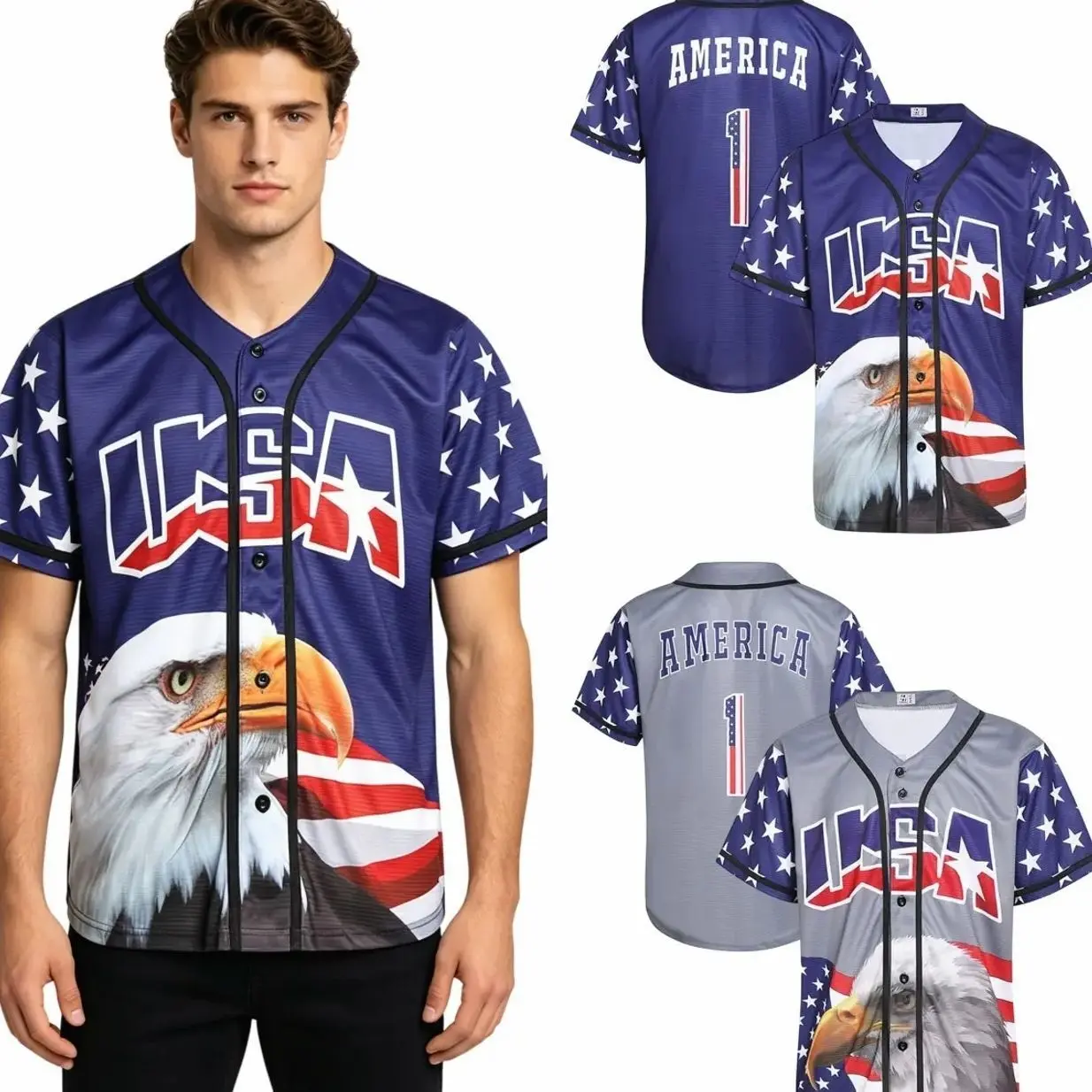 USA #1 America Baseball Jersey for Men, 250th Anniversary American Flag Eagle Statue of Liberty Button Down V Neck Shirt, Patriotic Independence Day Baseball Uniform