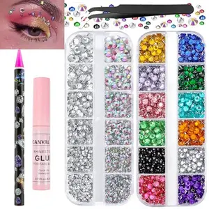 Canvalite Rhinestones for Face Colorful Face Gems Jewels AB & Clear Eye Hair Nail Gems with Quick Dry Makeup Glue, 1 Rhinestones Picker Wax Pen, 1 Tweezers for Nail Art Makeup