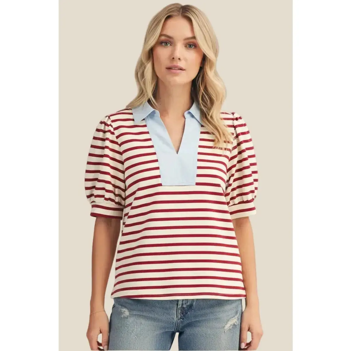 Women's Jodifl Puff Sleeve Striped Blouse - Contrast Collar, Band Cuffs, Ribbed, Breathable, Cotton, Spandex, Rayon, 58% Polyester, Cute, Machine Wash, Casual Everyday Top