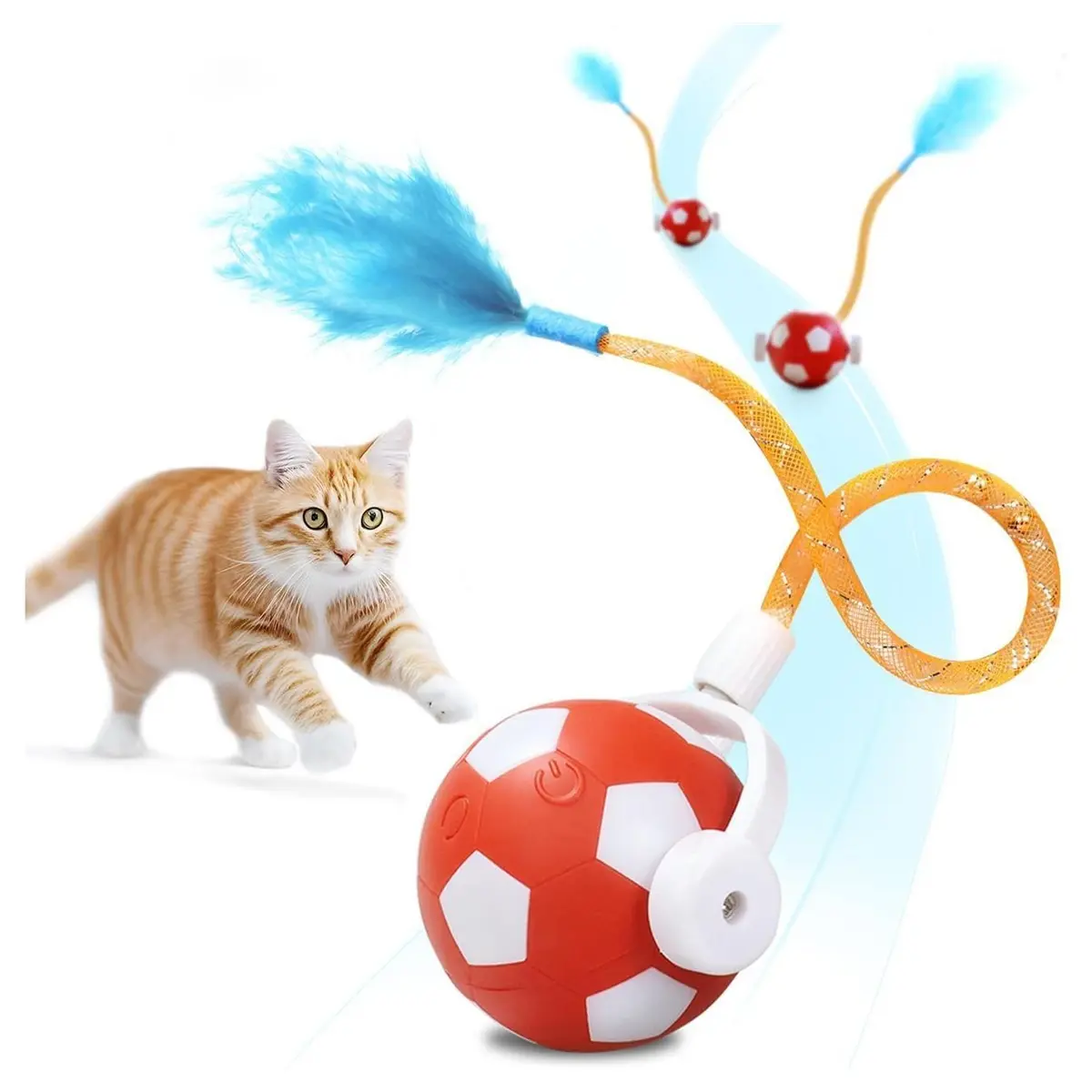 Cat Automatic Interactive Toy Ball - USB-C Rechargeable, Feather Tail, Bell, 3 Play Modes, Indoor Cat Play Accessory