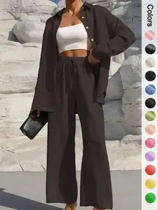 2026 Two-Piece Set Women's Solid Button Front Shirt Drawstring Waist Wide Leg Pants Casual Drop Shoulder Long Sleeve Top High Trousers Spring Fall Daily Wear Airport Outfit, Chic, Relaxed Fit, Adjustable