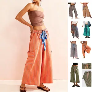 JovenPara Women's Drawstring Striped Wideleg Lounge Pants with Pockets Casual Bohemian Palazzo Trousers for Daily Wear Blue Boho Womenswear Bottom