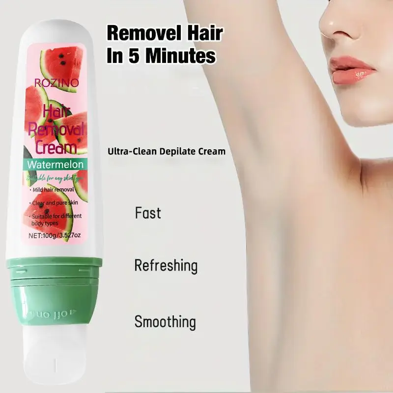 ROZINO 100g Watermelon Roll-On Depilatory Cream, Hydrating Gentle Hair Removal with Coconut Oil, Convenient Full-Body Use Design for Women, Leaves Skin Satin Soft (Facial, Brazilian Bikini, Nose, Moustache Care)