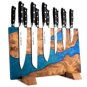 SliceElite Magnetic Knife Block Double Sided Knife Holder Artisan Finished East Indian Walnut and Blue Resin Stand Strong Magnetic Knife Storage for Kitchen Countertop Holds Up To 20 Knives Non Slip Base