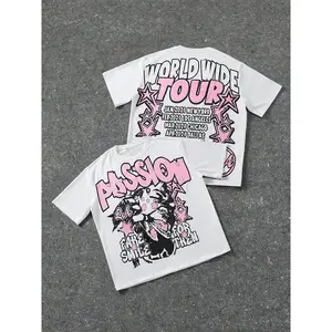 FEEGO Front: Bold Passion Print + Retro Cartoon Art; Back: Tour Schedule & Pink Star Accents. Oversized Fit For Urban Casual Vibes 100% Cotton