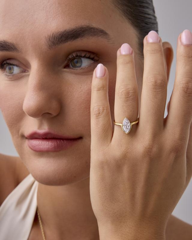 PAVOI 14K Gold Plated Marquise Cubic Zirconia Engagement Ring for Women - Trendy Solitaire Promise Jewelry - Fake Wedding Ring