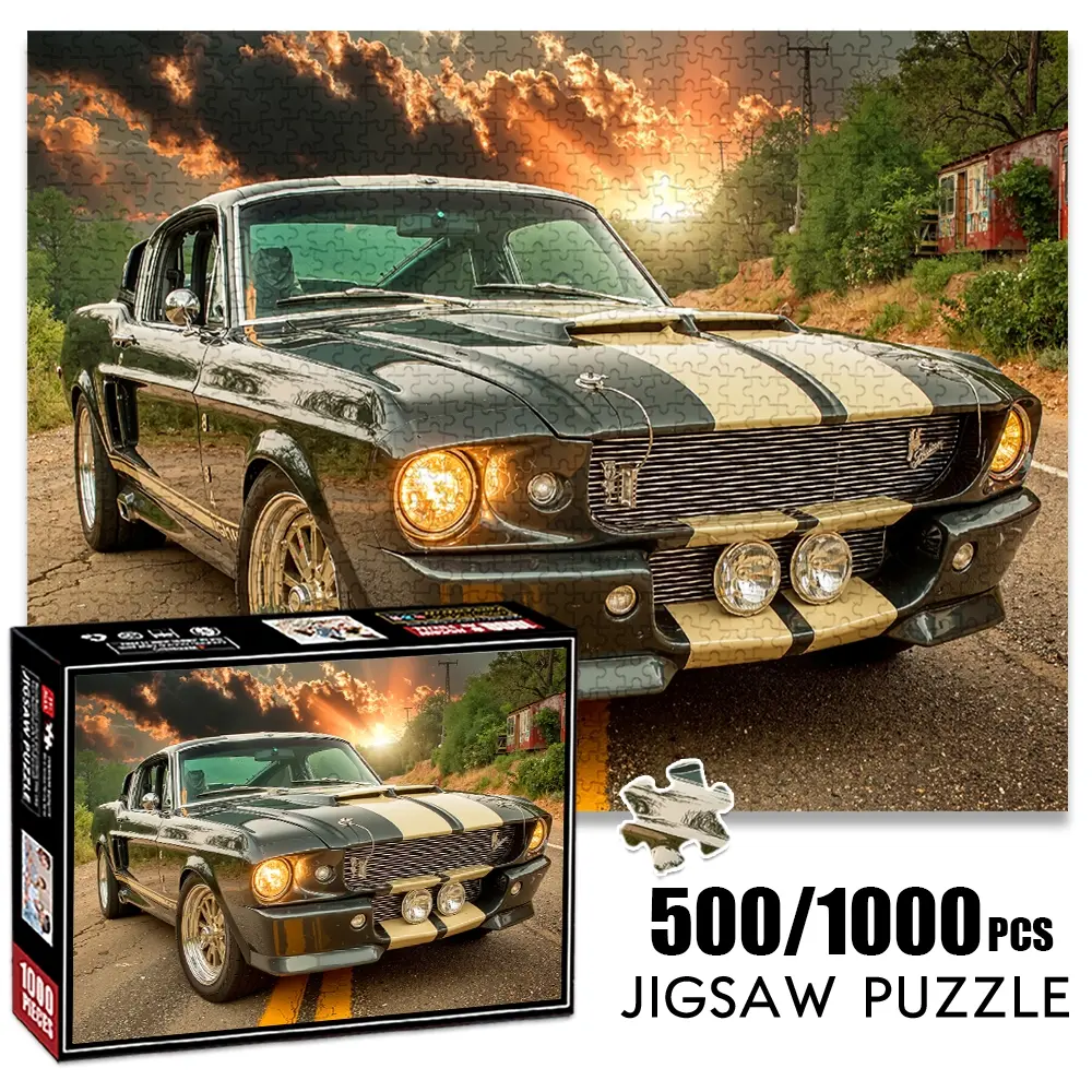 1pc 1000 piece adult puzzle 70x50cm Classic Mustang with Stripes on Road at Sunset 500 pieces of paper jigsaw puzzle, suitable for adults and families, large-scale DIY puzzle interactive toy games