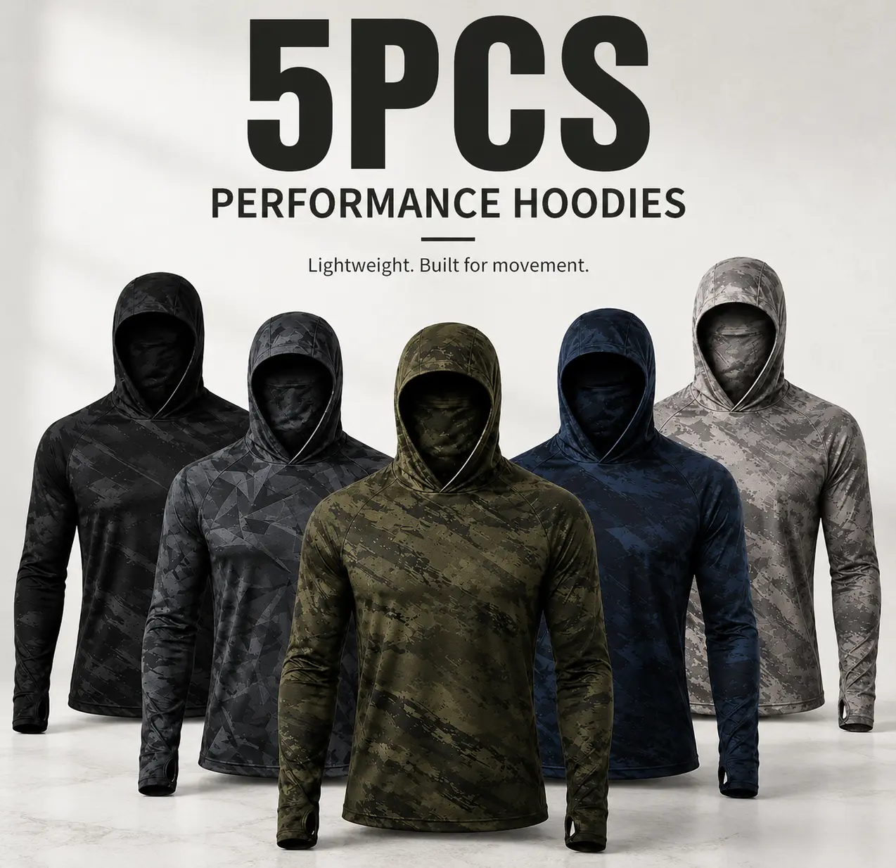 Men's 5 Pack Camo Sun Hoodie Shirts with Face Mask, Lightweight Quick Dry Long Sleeve Fishing Shirts, Outdoor Protection Hoodie for Work, Hiking & Camping