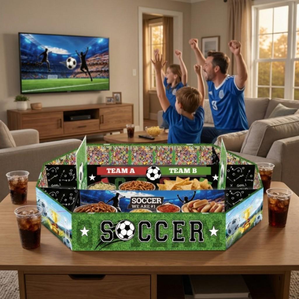 2026 Soccer Party Supplies Set: Extra Large 23x12 Inch "Soccer Field" Shaped Snack Tray, suitable for pre-league parties, matchday parties, and party decorations.