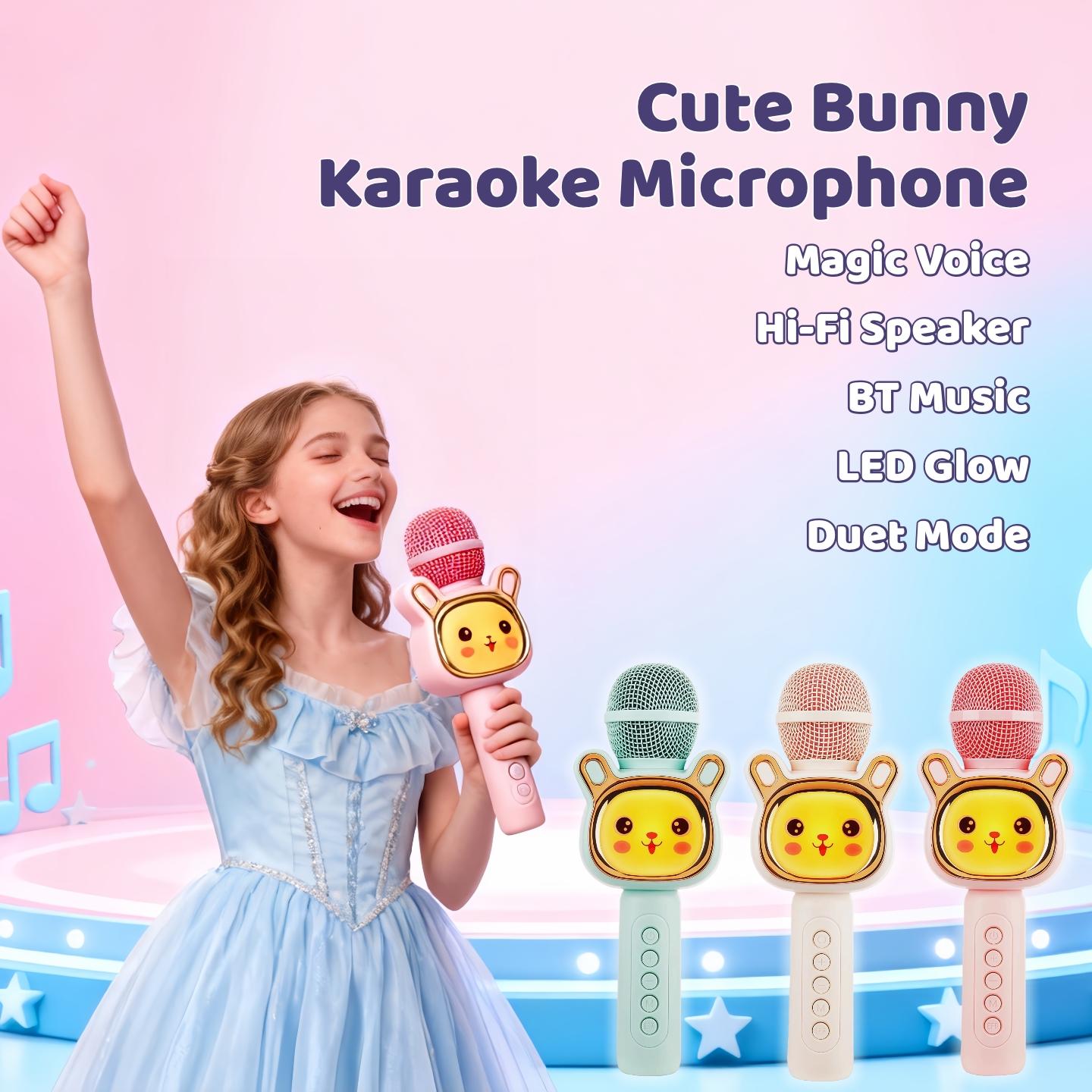 Wireless Karaoke Microphone — Portable Singing Speaker, Cute Rabbit Design, Hi-Fi Stereo Sound, Fun Voice Changer, TWS Duet Mode & Soft Lighting. Ideal for home entertainment, parties, travel, car use, camping Wireless Karaoke Microphone — Portable Singing Speaker, Cute Rabbit Design, Hi-Fi Stereo Sound, Fun Voice Changer, TWS Duet Mode & Soft Lighting. Ideal for home entertainment, parties, travel, car use, camping