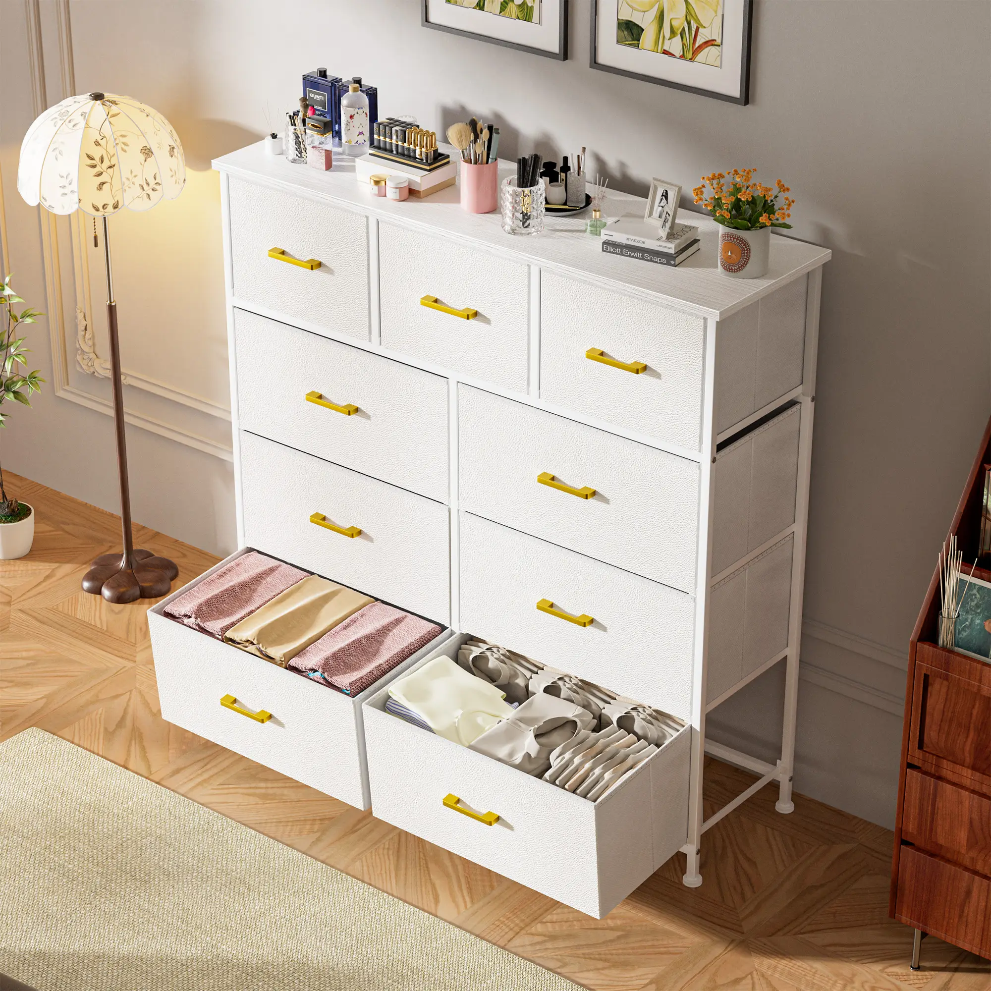 PhoenixHome Fabric Storage Tower with 9 Drawers, Bedroom Drawer Dresser Organizer, Chest of Drawers with Fabric Bins, Steel Frame & Wooden Top