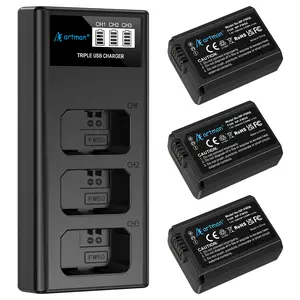Artman NP-FW50 Battery 3-Pack and Upgraded 3-Slot ZV-E10 Battery LCD Charger for Sony ZV E10, Alpha A6500 A6400 A6300 A6000 A5100 A5000, A7S II, A7S, A7R II, A7R, A7 II, A7, RX10 II III IV Cameras