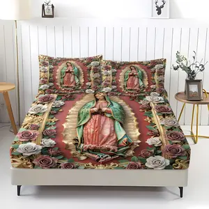 3Pcs Our Lady of Guadalupe & Vintage 3D Roses & Gold Embossed Digital Print Fitted Sheet Set, Luxury Sacred Themed Bed Sheet Set, Soft & Durable Microfiber Bedding, Ideal for Bedroom & Guest Room Decor, Perfect Gift for Faith & Vintage Aesthetic