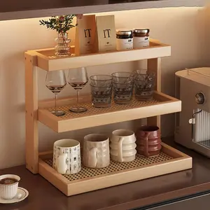 1pc Imitation Rattan Cup Holder, Desktop Organizer, Multi-Layer Storage Rack, Simple New Chinese Style, Tea Set Display Stand