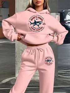 Shark Angler ‘quint’s Shack’ Women’s Winter Casual Hoodie Set, Fitted Long Sweatpants, Print Pattern, Fall & Winter Fashion