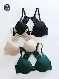 Women's Lace Bralette Set, Elegant Chic Front Buckle Design, Medium Support, Plain Pattern, All Seasons Wear, Comfortable Fit