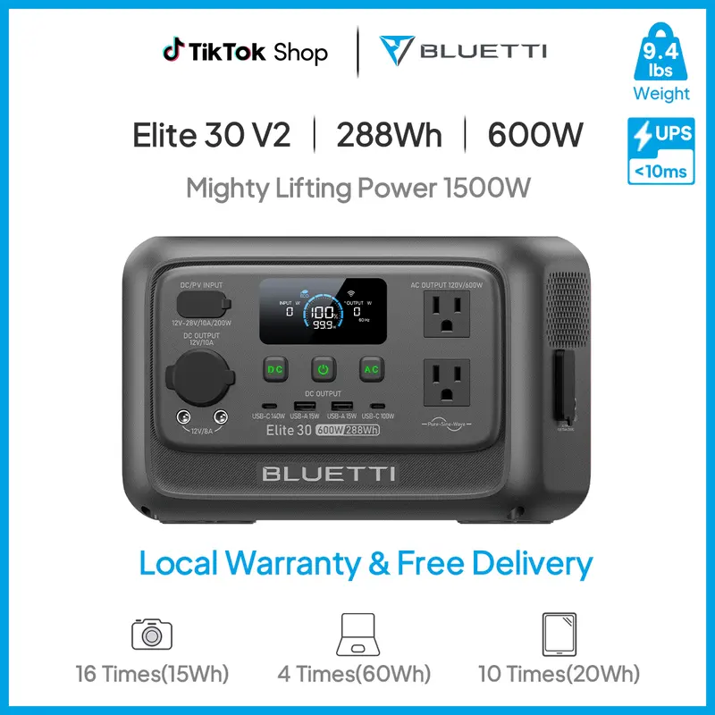 BLUETTI Elite 30 V2 Portable Solar Generator 288Wh Battery 600W AC Output 9 Ports for Camping & Backup Power Station