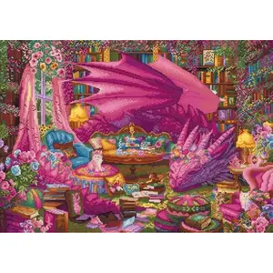 Wizardi Counted Cross Stitch Kit "The Reading Realm" L9970 - Pink Dragon in Library, DIY Needlework Hobby Set