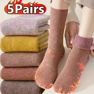 5Pairs Women Men Winter Socks Warm Thicken Thermal Snow Boots Floor Socks Soft Velvet Cashmere Sock Sleep Solid Color Home Floor Socks Womenswear Fashion Cotton Bridal